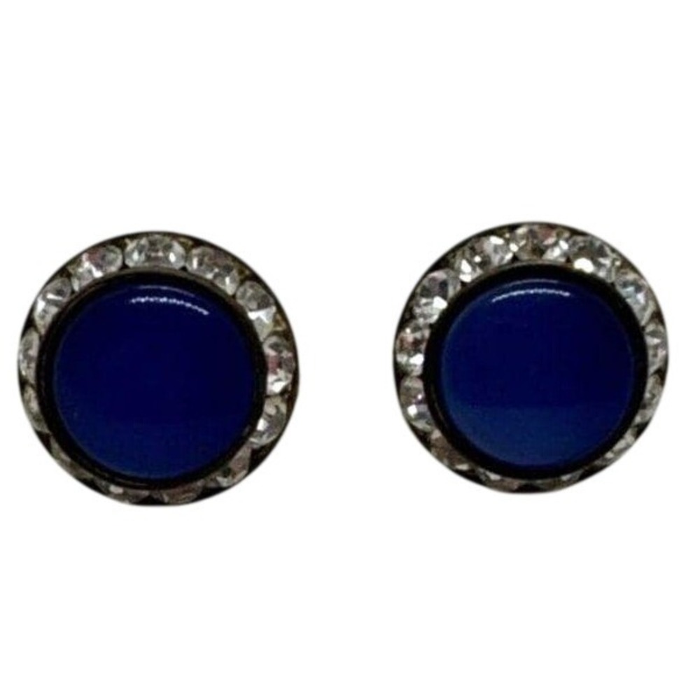 Vintage‎ Blue Rhinestone Round Silver Tone Screw Back Earrings 1960s Retro